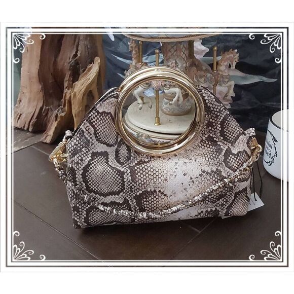 NWT~ALDO KELHANIX Brown & White Snake Print Top Handle Bag Purse - Picture 1 of 8